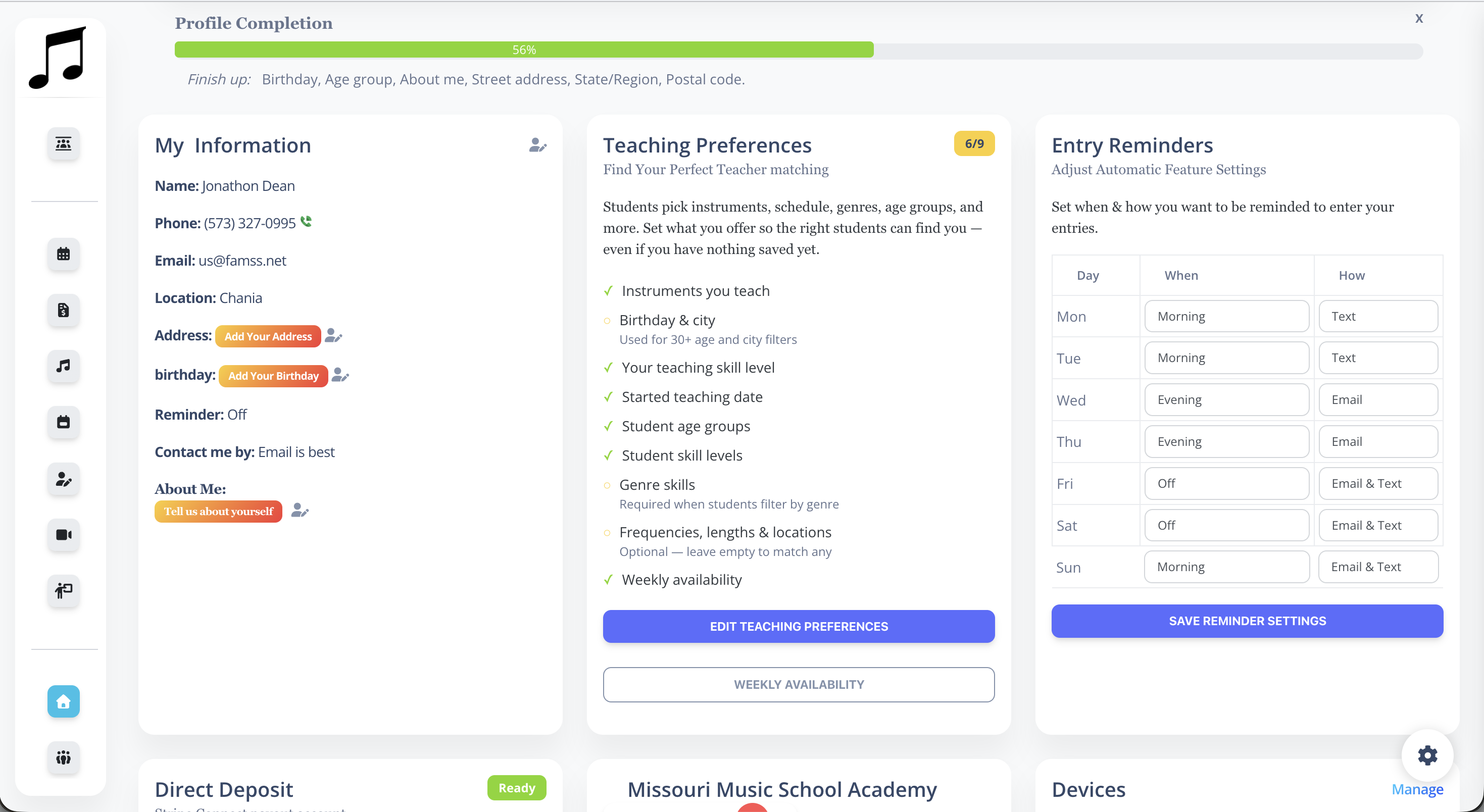 FAMSS teacher dashboard — lessons, students, and school overview